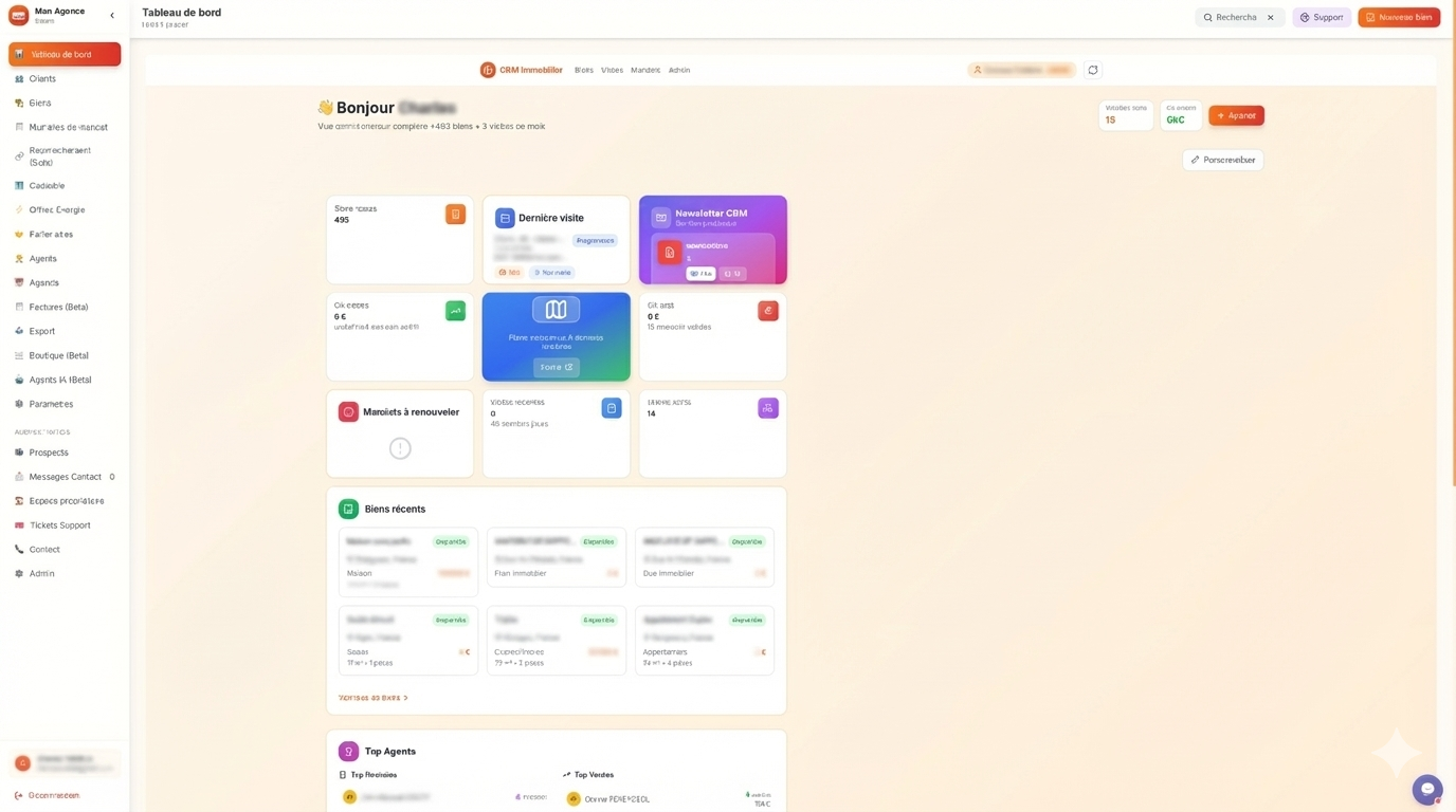 Interface du CRM immobilier Solena : tableau de bord avec biens, contacts et rapprochements